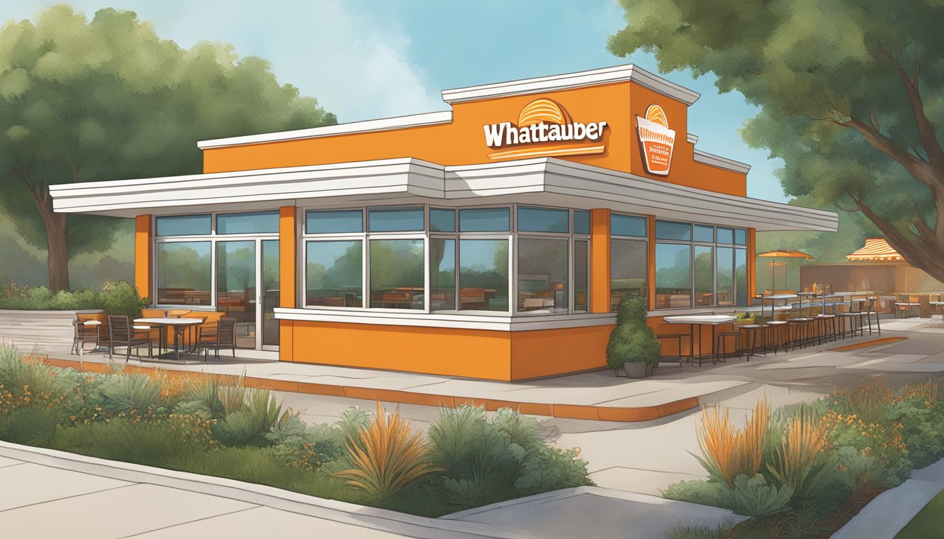 A Whataburger restaurant with a modern, health-conscious menu displayed alongside classic, iconic menu items. Outdoor seating with greenery and a welcoming atmosphere