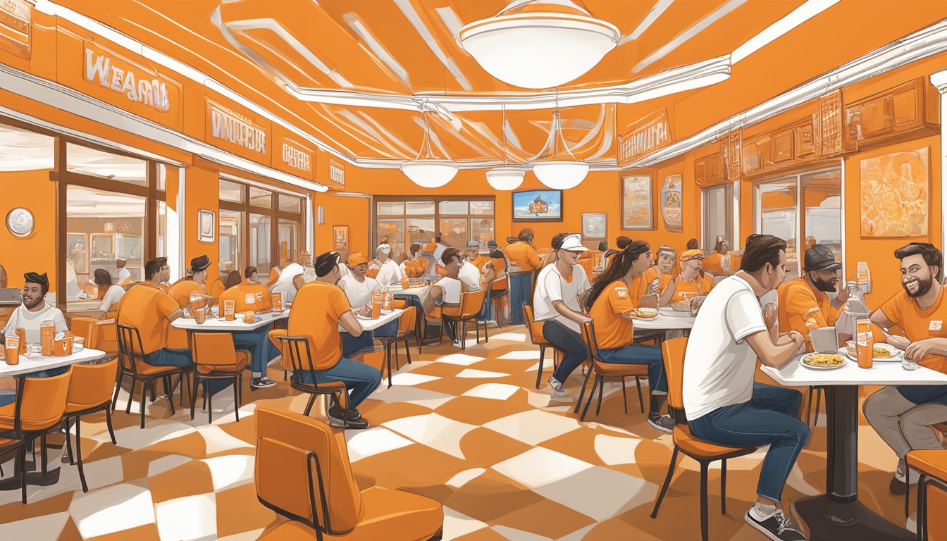 A group of Whataburger fans enjoying their favorite meals at a Texas location, surrounded by iconic orange and white decor