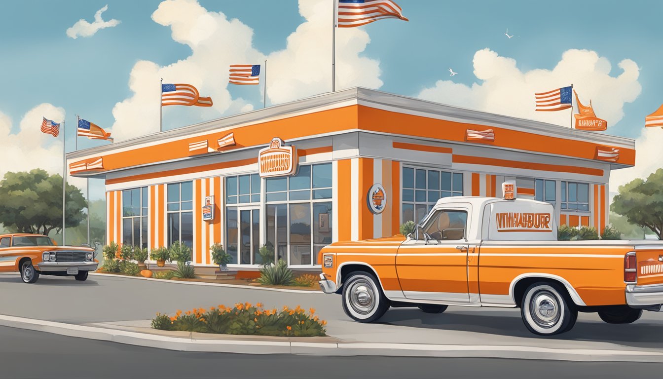 A bustling Whataburger restaurant with iconic orange and white stripes, surrounded by Texan symbols and art