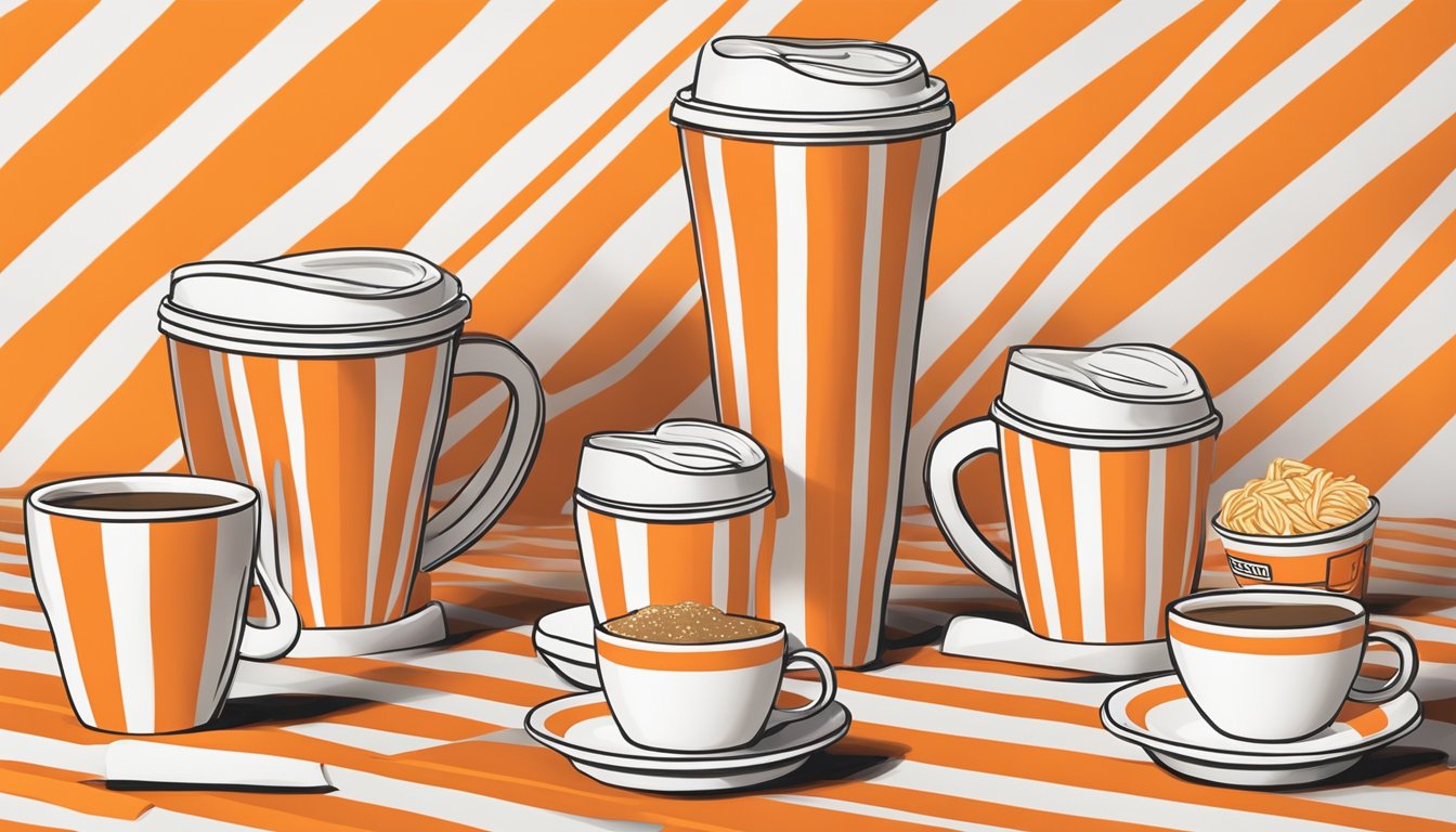 A group of Whataburger-themed items, including cups, bags, and clothing, are arranged on a table with the iconic orange and white stripes as a backdrop