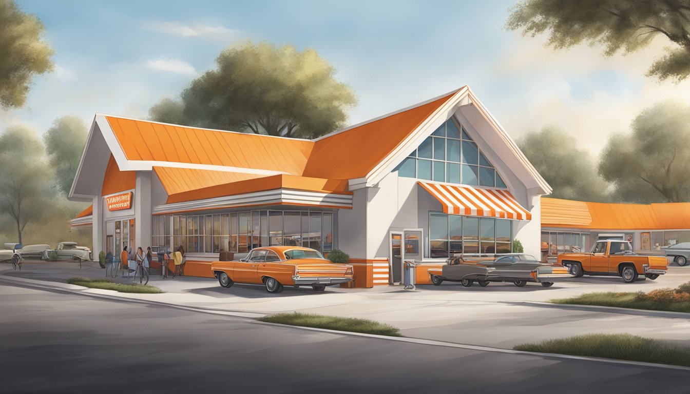 A bustling Whataburger restaurant with iconic orange and white stripes, a classic A-frame roof, and a drive-thru line wrapping around the building