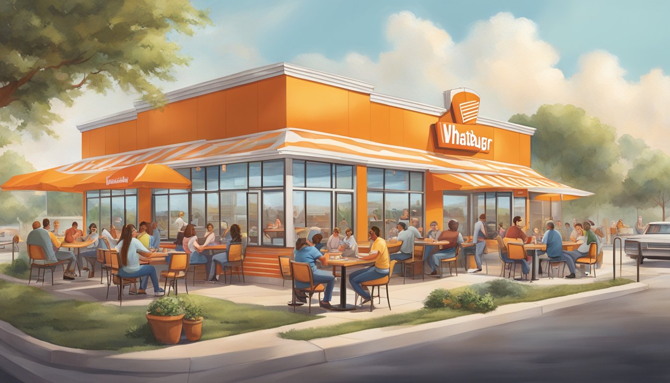 A bustling Whataburger restaurant filled with enthusiastic customers enjoying their meals and engaging in lively conversations