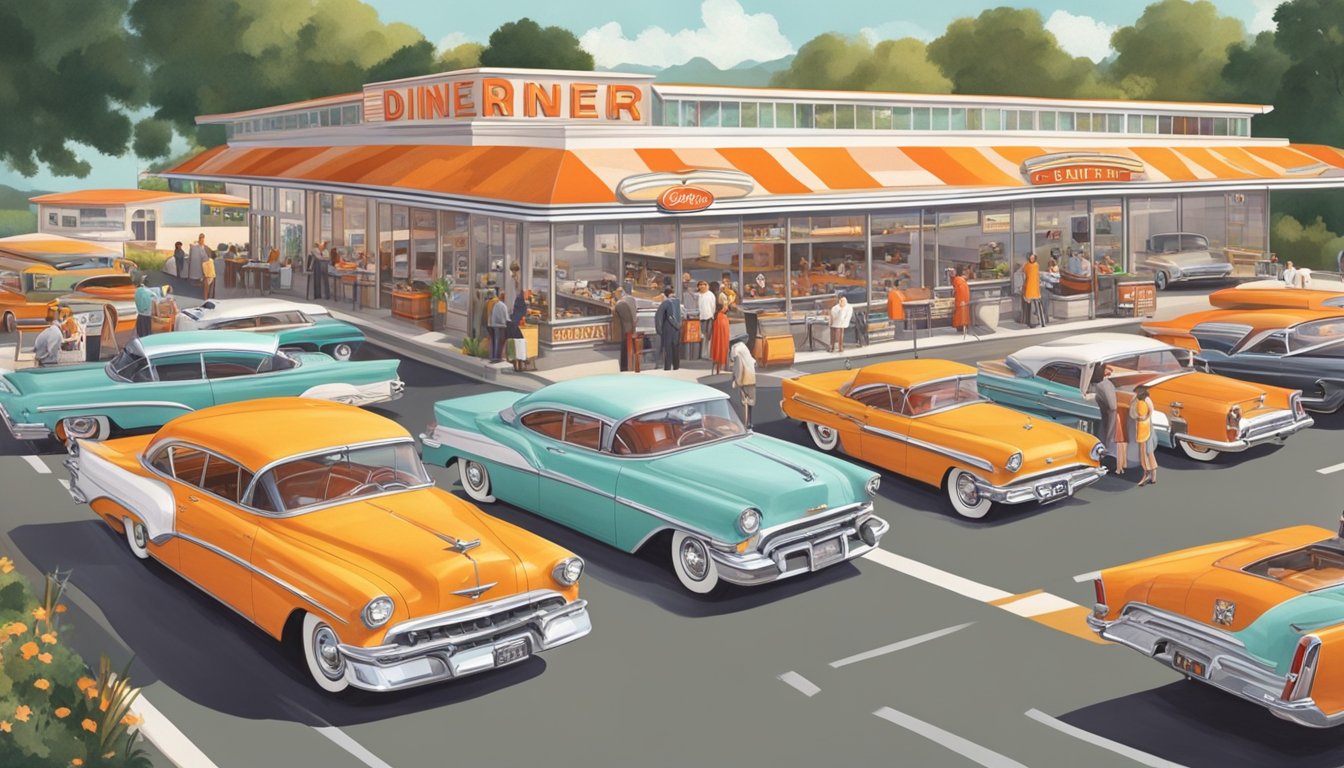 A bustling 1950s diner with a prominent orange and white striped roof, surrounded by vintage cars and a bustling drive-thru