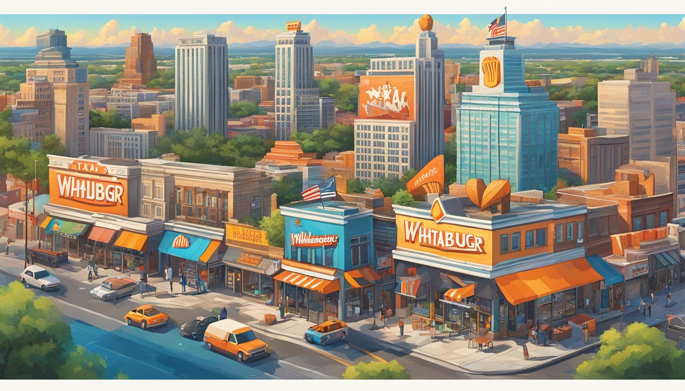 A bustling Texas city skyline with a prominent Whataburger sign and logo, surrounded by vibrant street art and cultural symbols