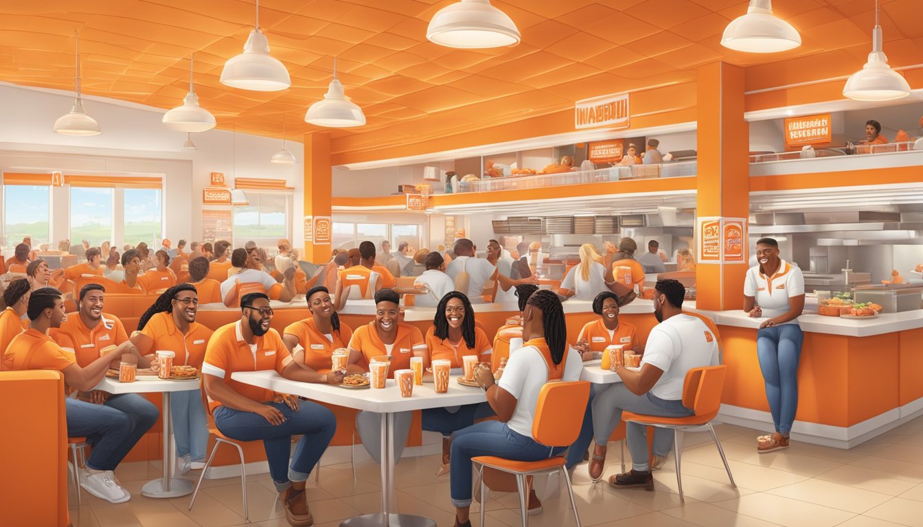 A crowded Whataburger restaurant filled with enthusiastic customers, adorned in the chain's iconic orange and white colors, enjoying their meals and socializing