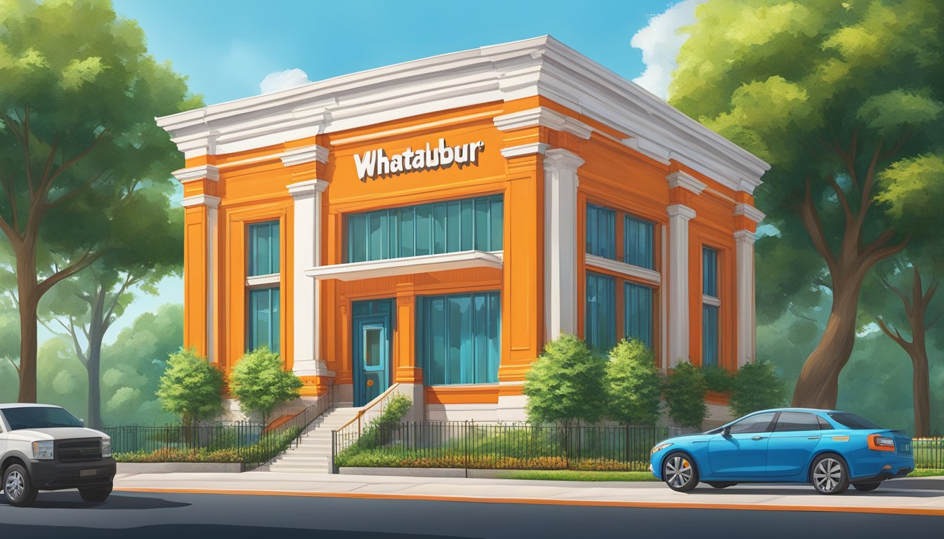 A colorful and vibrant museum facade with the iconic Whataburger logo, surrounded by lush greenery and a clear blue sky