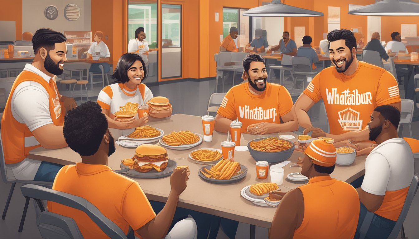 A group of Whataburger fans gather around a table, enthusiastically discussing their favorite menu items and proudly displaying their collection of branded merchandise