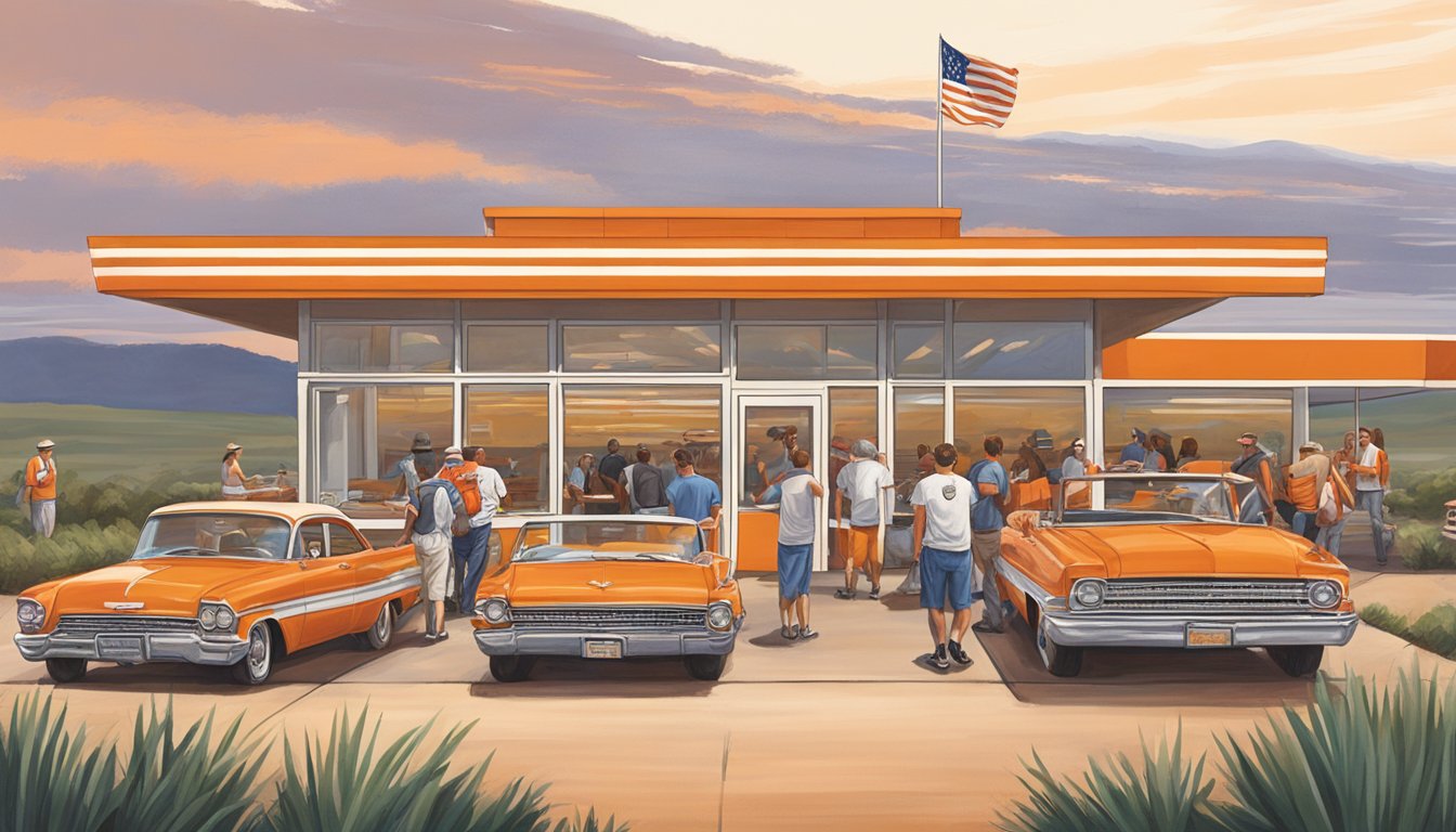 A group of Whataburger enthusiasts eagerly explore a Texas landscape, with the iconic orange and white striped restaurant in the background