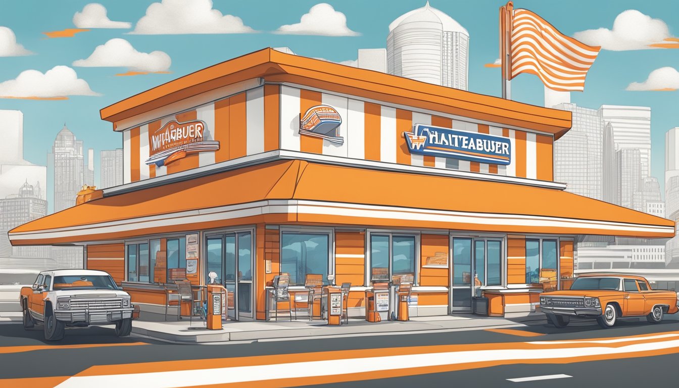 A bustling Whataburger restaurant with iconic orange and white stripes, surrounded by Texas landmarks and symbols of pop culture