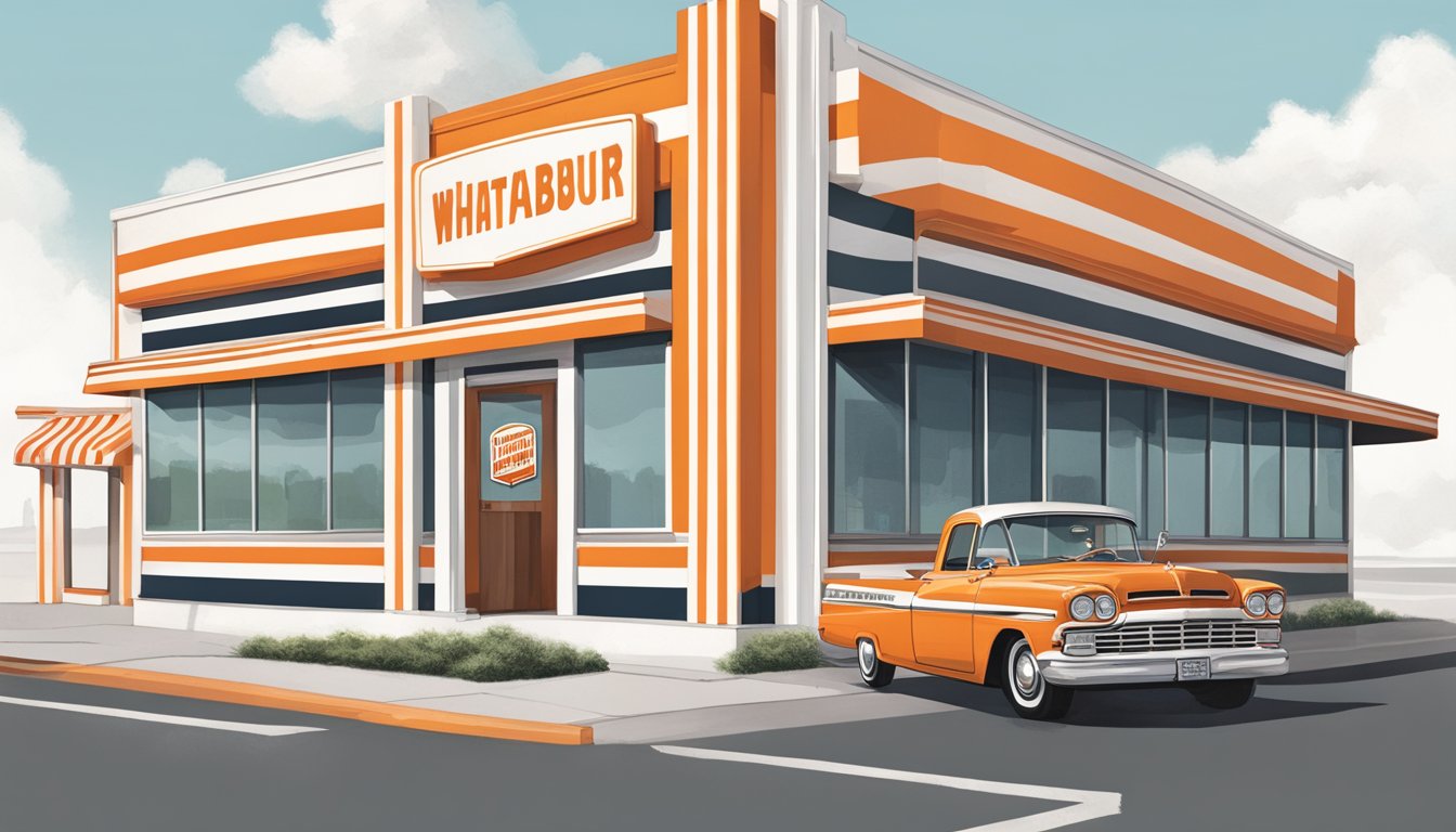 The Whataburger Museum exterior with iconic orange and white stripes, vintage signage, and a burger-shaped architecture