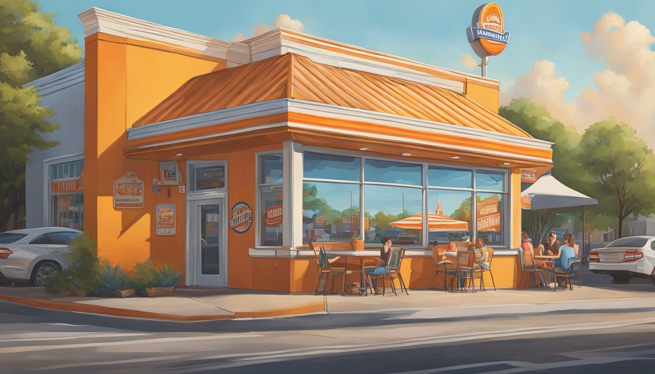 A vibrant Whataburger-themed mural adorns a bustling street corner, featuring iconic Texas imagery and pop culture references. The restaurant's influence on art and culture is evident in the dynamic composition