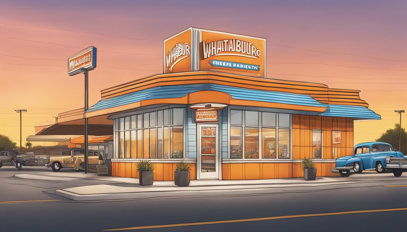 The Whataburger Museum: A colorful exterior with a large sign, vintage fast food memorabilia displayed in the windows, and a bustling parking lot