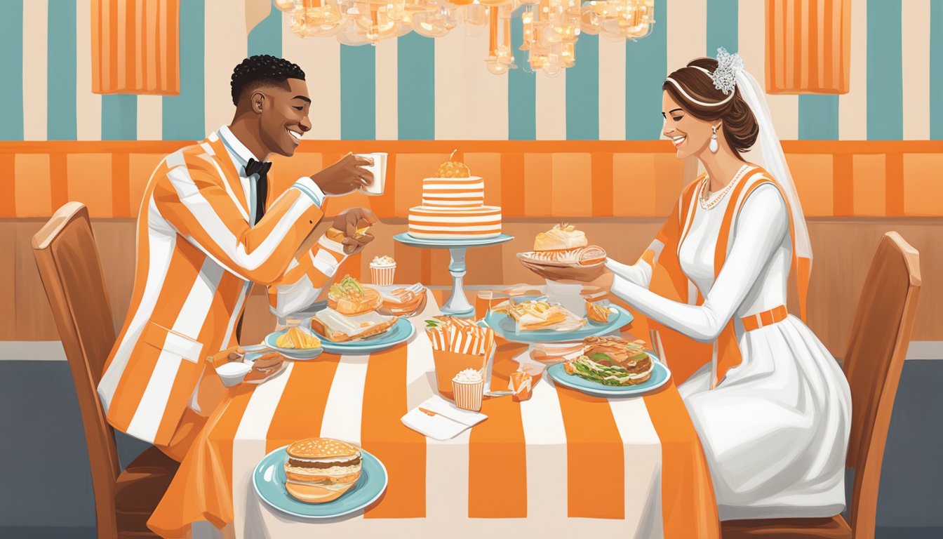 A couple in wedding attire sharing Whataburger meals at a decorated table, with the iconic orange and white stripes in the background