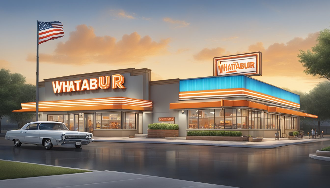 A Whataburger restaurant sign stands proudly against a backdrop of a bustling city, hinting at the iconic Texas chain's national expansion