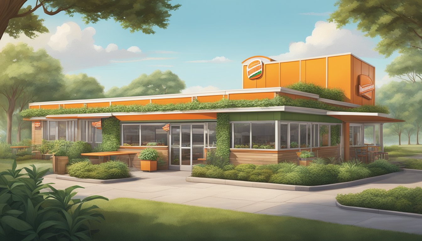 A vintage Whataburger restaurant nestled among lush greenery, with a focus on sustainable practices such as recycling bins and solar panels