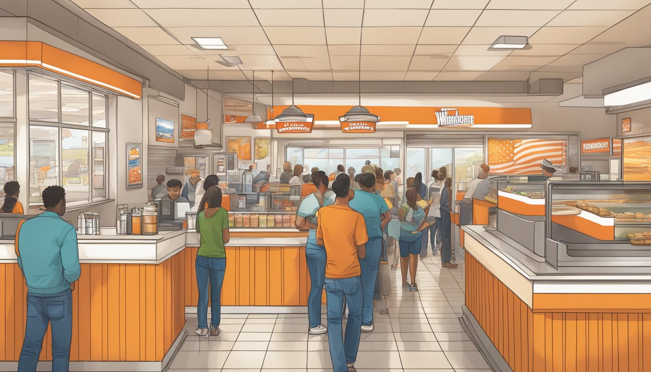 A bustling Whataburger restaurant in Texas with a line of customers out the door, while a map of the United States hangs on the wall with expansion plans marked