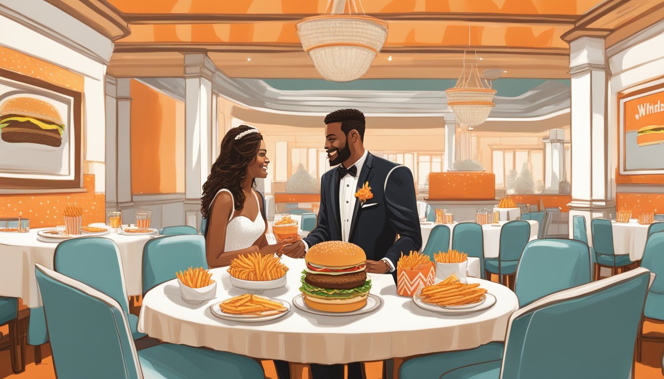 A couple exchanges vows in a Whataburger dining room, surrounded by orange and white decor, with a towering burger and fries as their wedding cake centerpiece