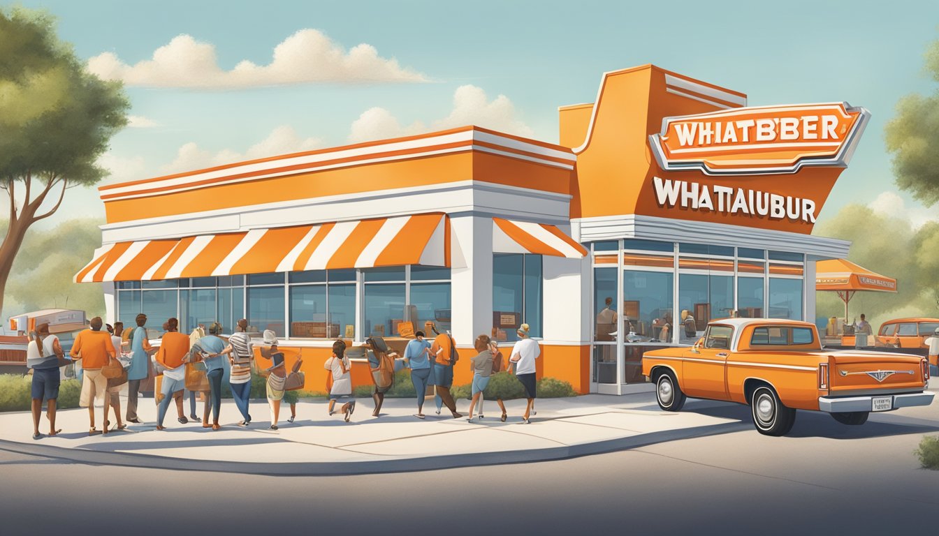 A bustling Whataburger restaurant surrounded by iconic Southern landmarks, with a line of eager customers stretching out the door