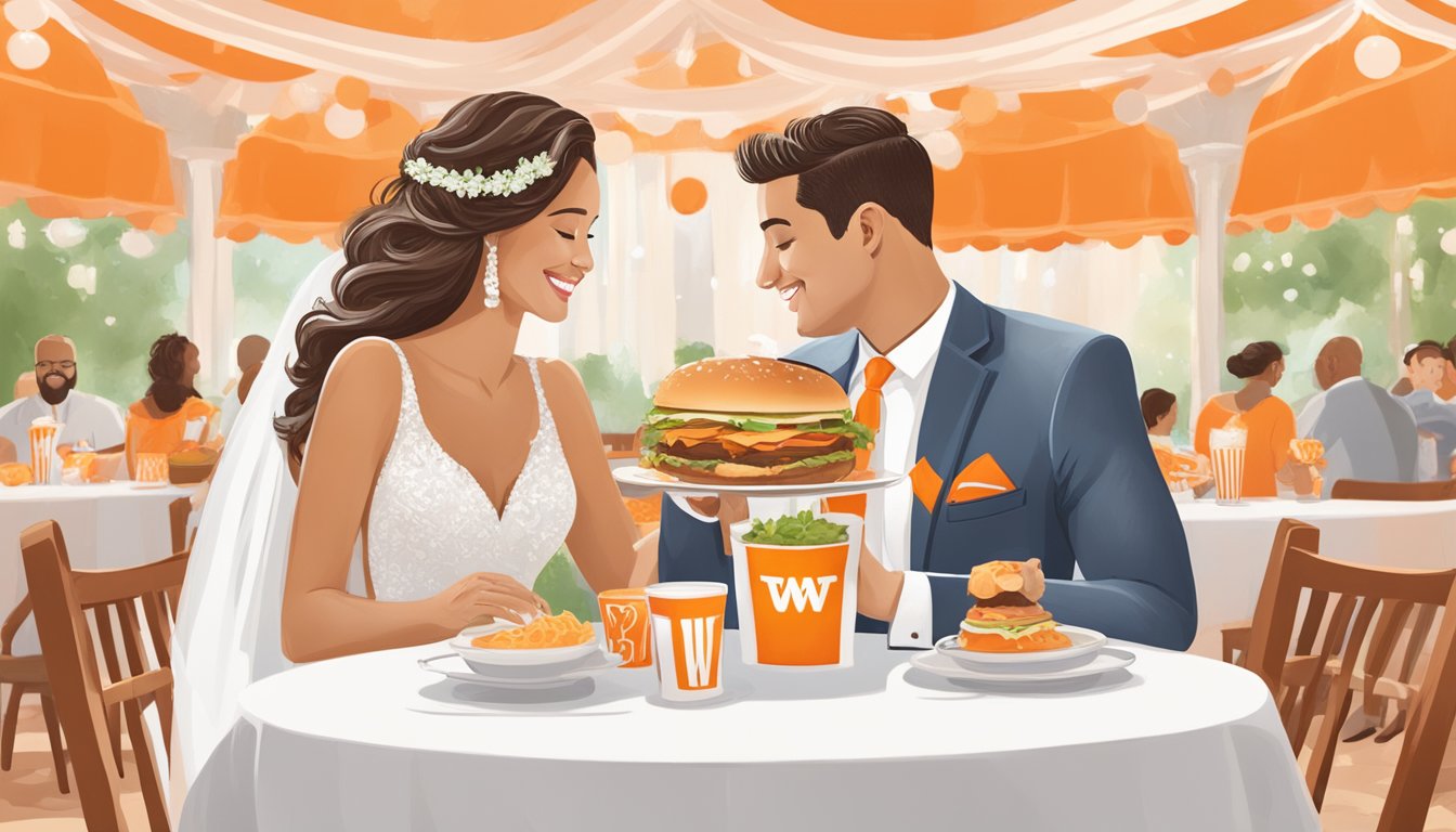 A couple in a Whataburger-themed wedding, surrounded by orange and white decor, enjoying their first meal as newlyweds at a table adorned with the iconic logo