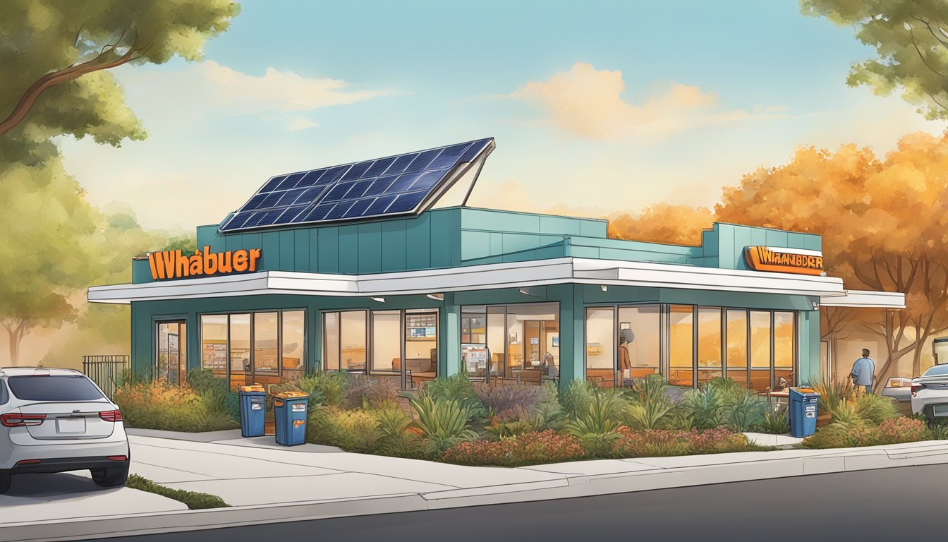 A bustling Whataburger restaurant with solar panels on the roof, recycling bins, and a garden of native plants outside