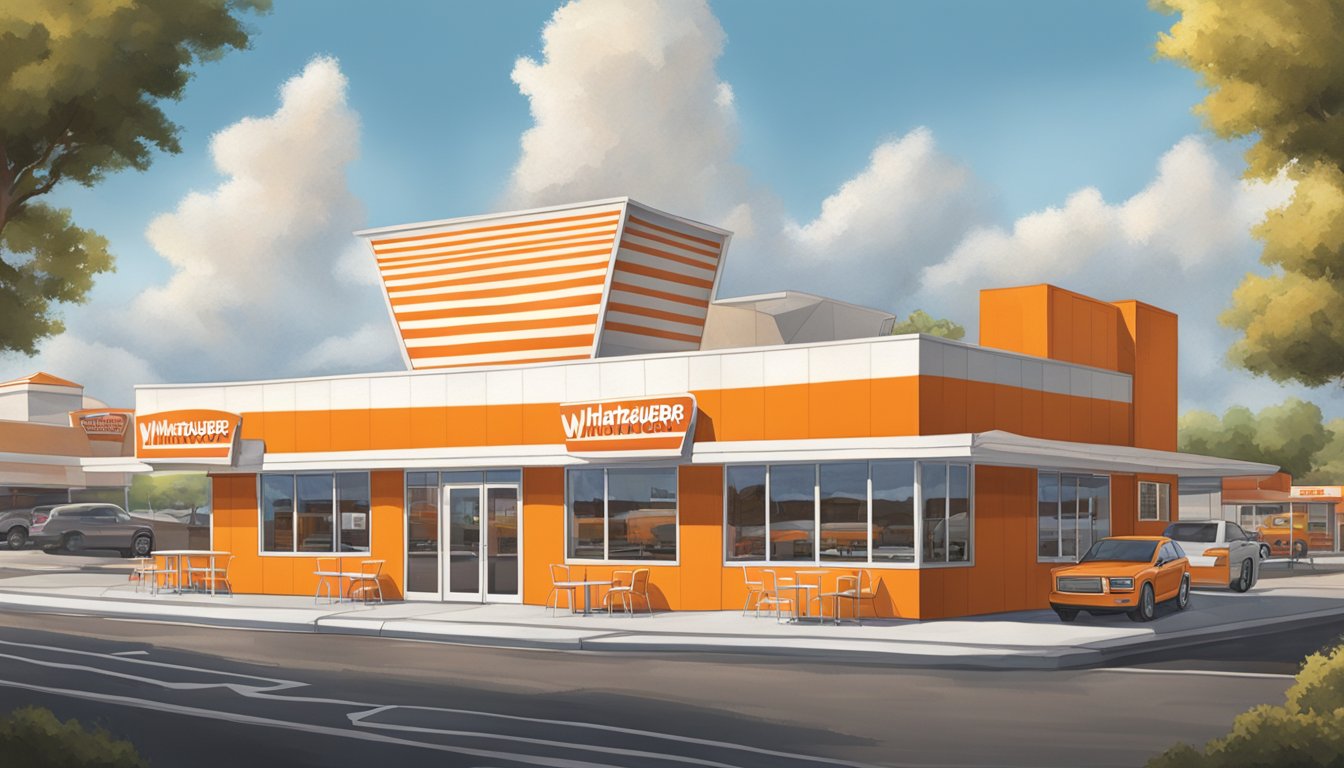 A Whataburger restaurant with iconic orange and white striped A-frame building, drive-thru, and outdoor seating, surrounded by a bustling cityscape