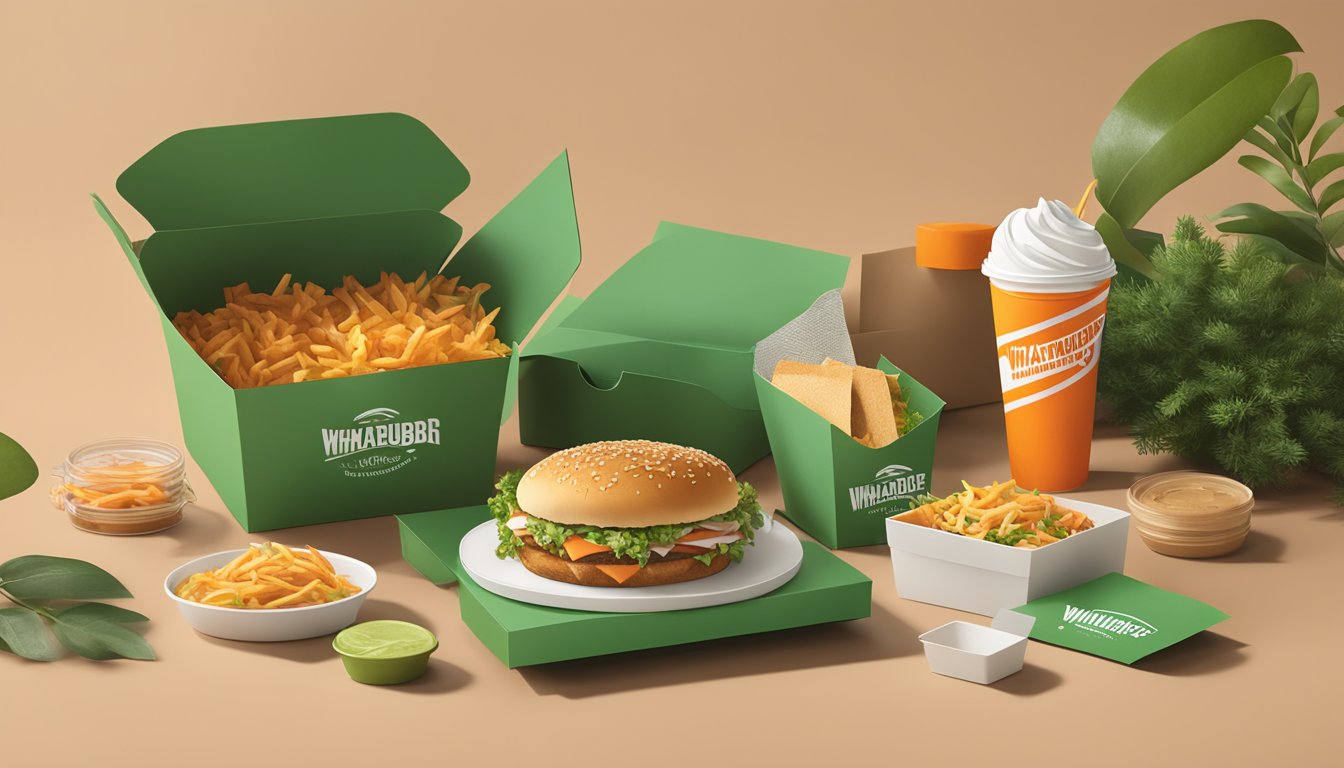 A Whataburger meal nestled in eco-friendly packaging, surrounded by recyclable materials and greenery