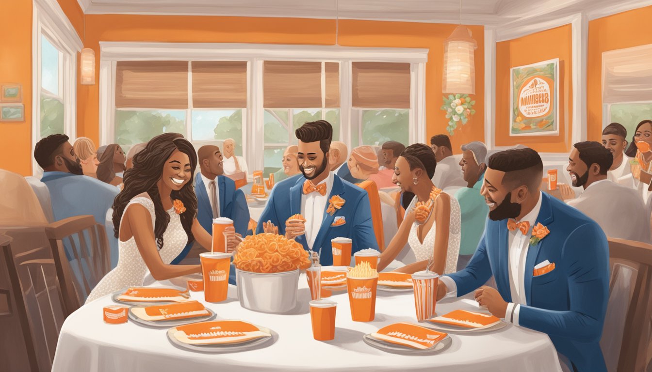 A couple sits at a table adorned with Whataburger-themed decor, surrounded by friends and family. The bride and groom wear matching Whataburger-themed attire as they share a special moment over their favorite fast food