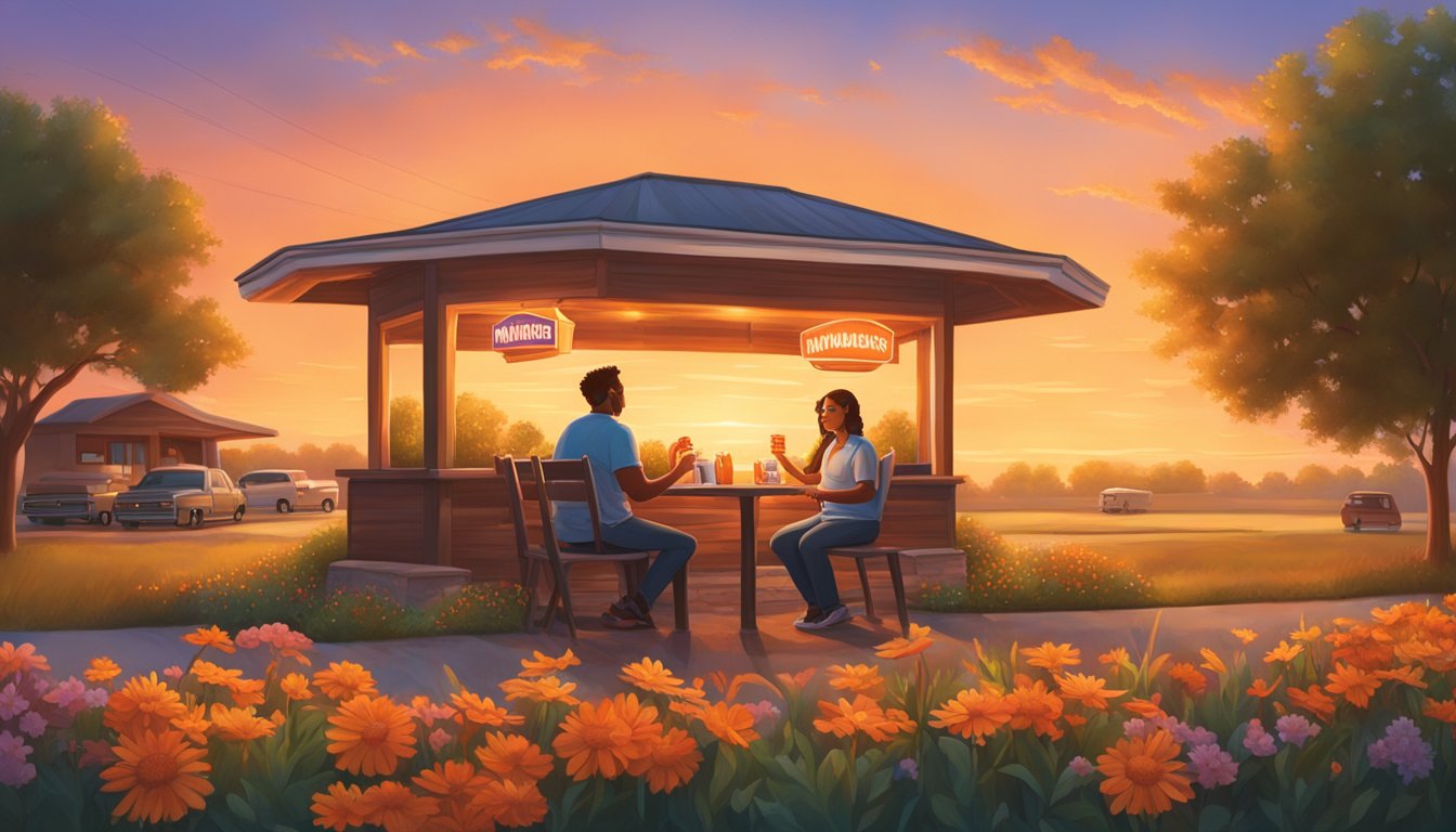 A couple shares a Whataburger meal at a romantic outdoor setting in Texas, surrounded by colorful wildflowers and a warm sunset