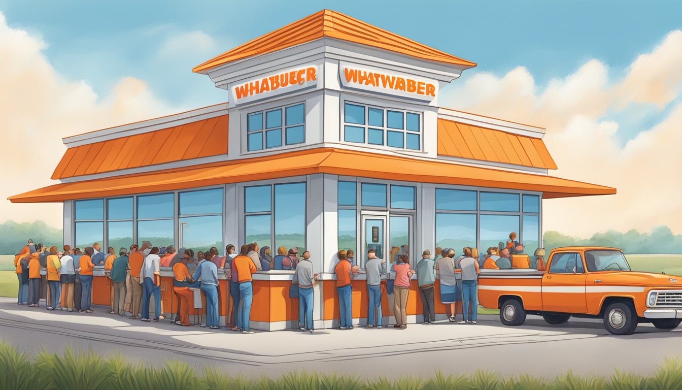 A bustling Whataburger restaurant in the Midwest, surrounded by rolling fields and a clear blue sky, with a line of eager customers extending out the door