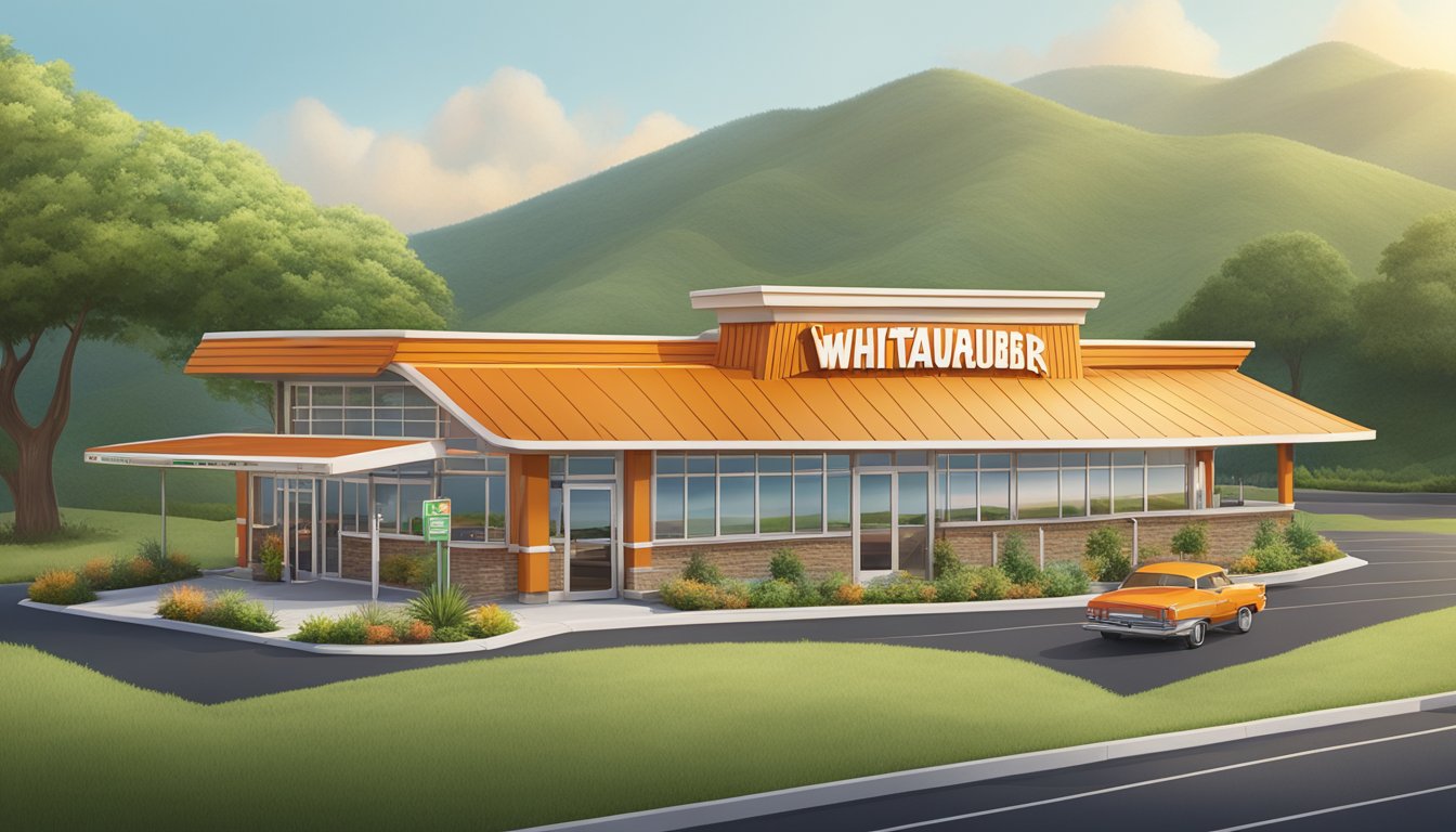 A Whataburger restaurant nestled among lush green hills, with solar panels on the roof and a recycling station outside, showcasing the balance between tradition and sustainability