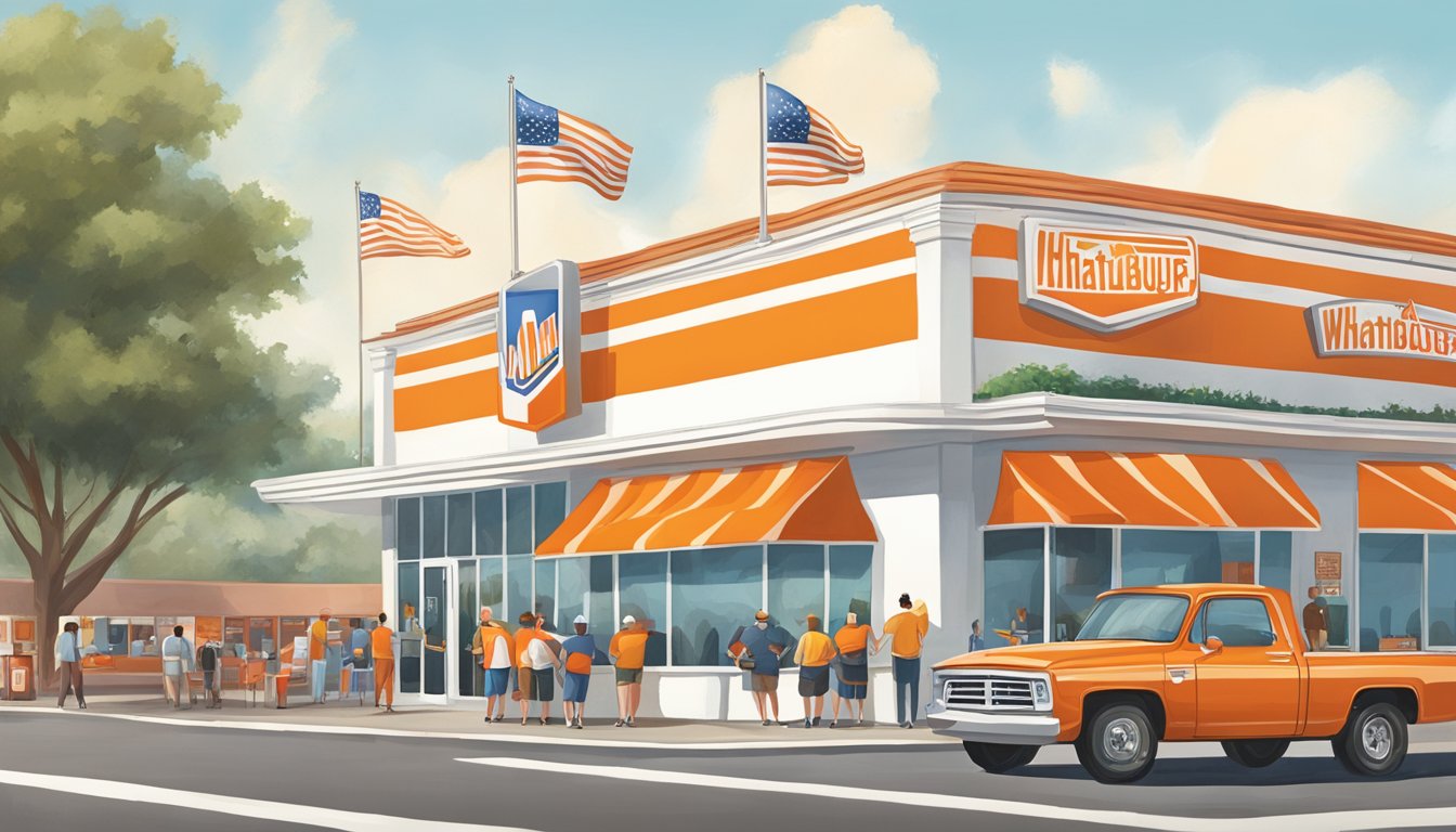 A bustling Whataburger restaurant with a long line of customers, iconic orange and white striped buildings, and a Texas flag flying proudly