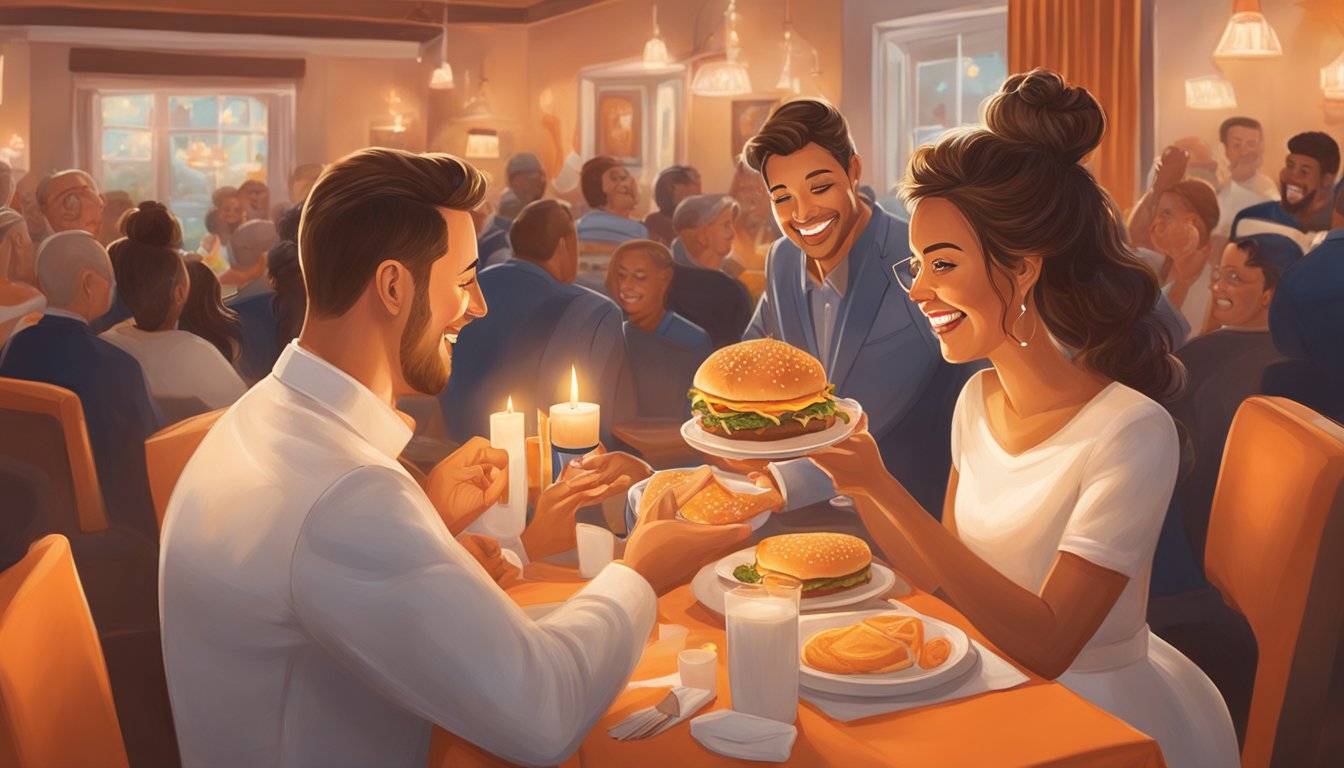 A couple shares a Whataburger meal at a candlelit table, surrounded by orange and white decorations. The restaurant is filled with laughter and love as staff members cheer on the newlyweds