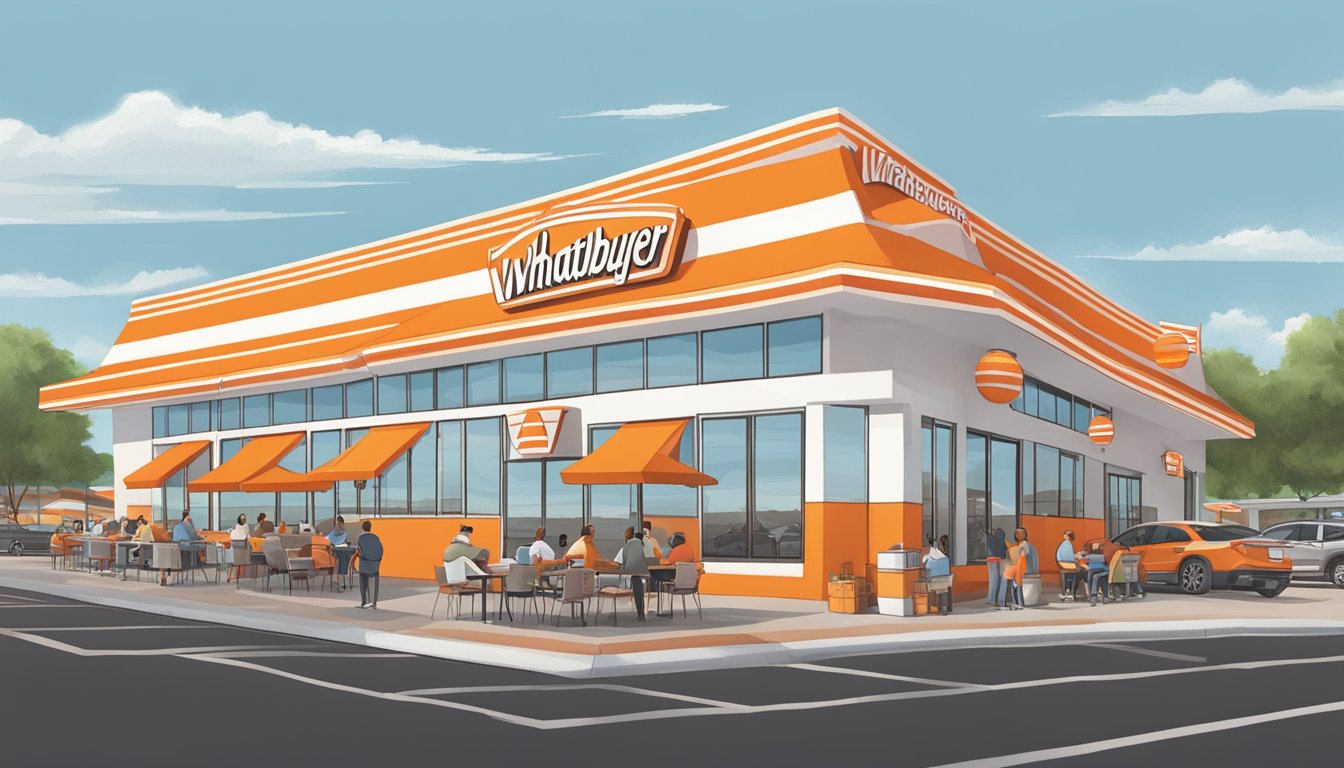 A bustling Whataburger restaurant with a distinct orange and white striped roof, surrounded by a large parking lot and filled with customers enjoying their meals