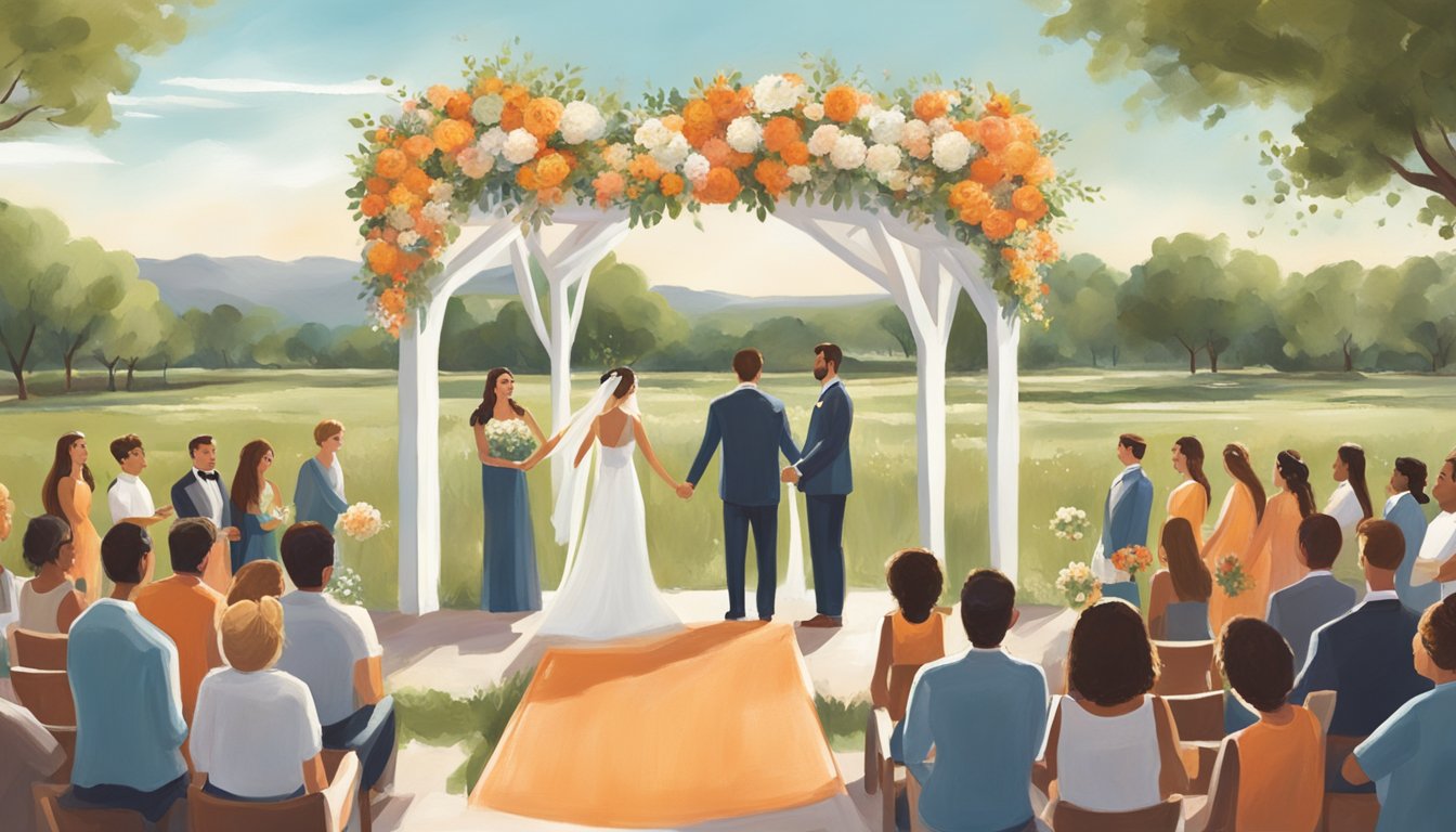 A Texas landscape with a Whataburger restaurant in the background, a wedding arch adorned with orange and white flowers, and a couple exchanging vows in front of a crowd of well-wishers