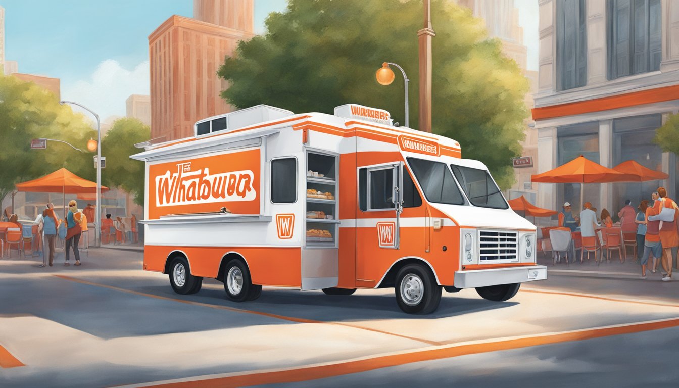 A vibrant red and white food truck with the iconic Whataburger logo, serving up Texas flavor on a bustling city street