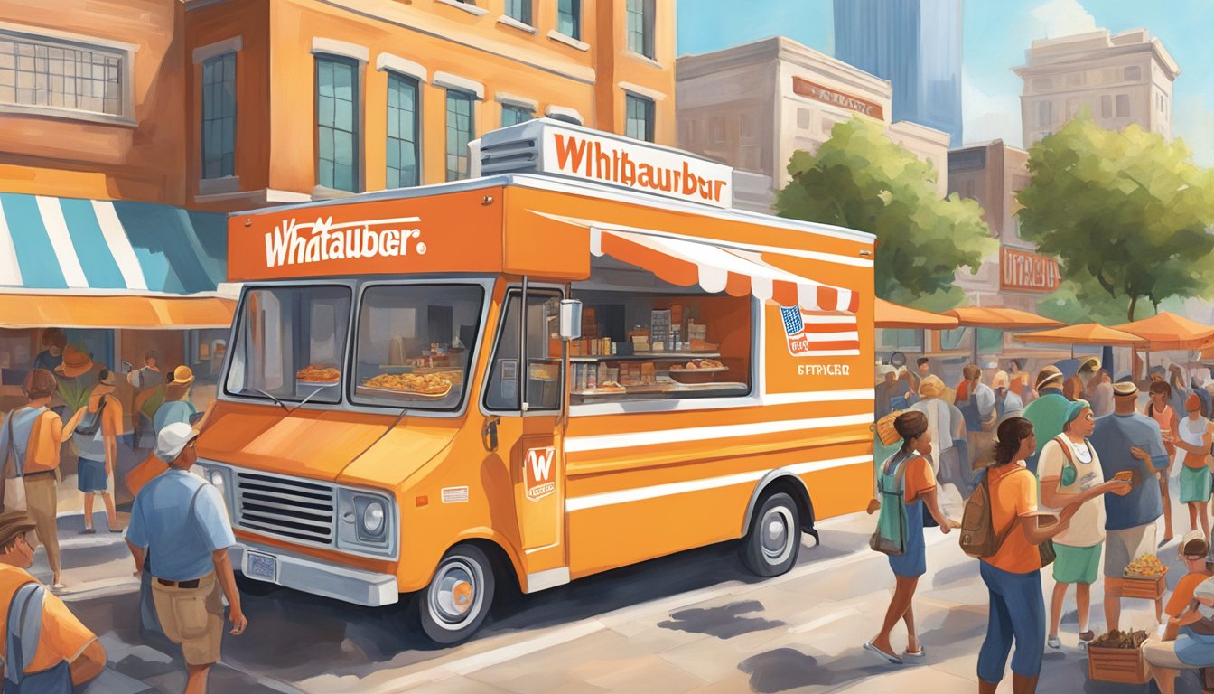 A bustling city street with the iconic Whataburger food truck parked in the center, surrounded by eager customers enjoying the Texas-inspired cuisine