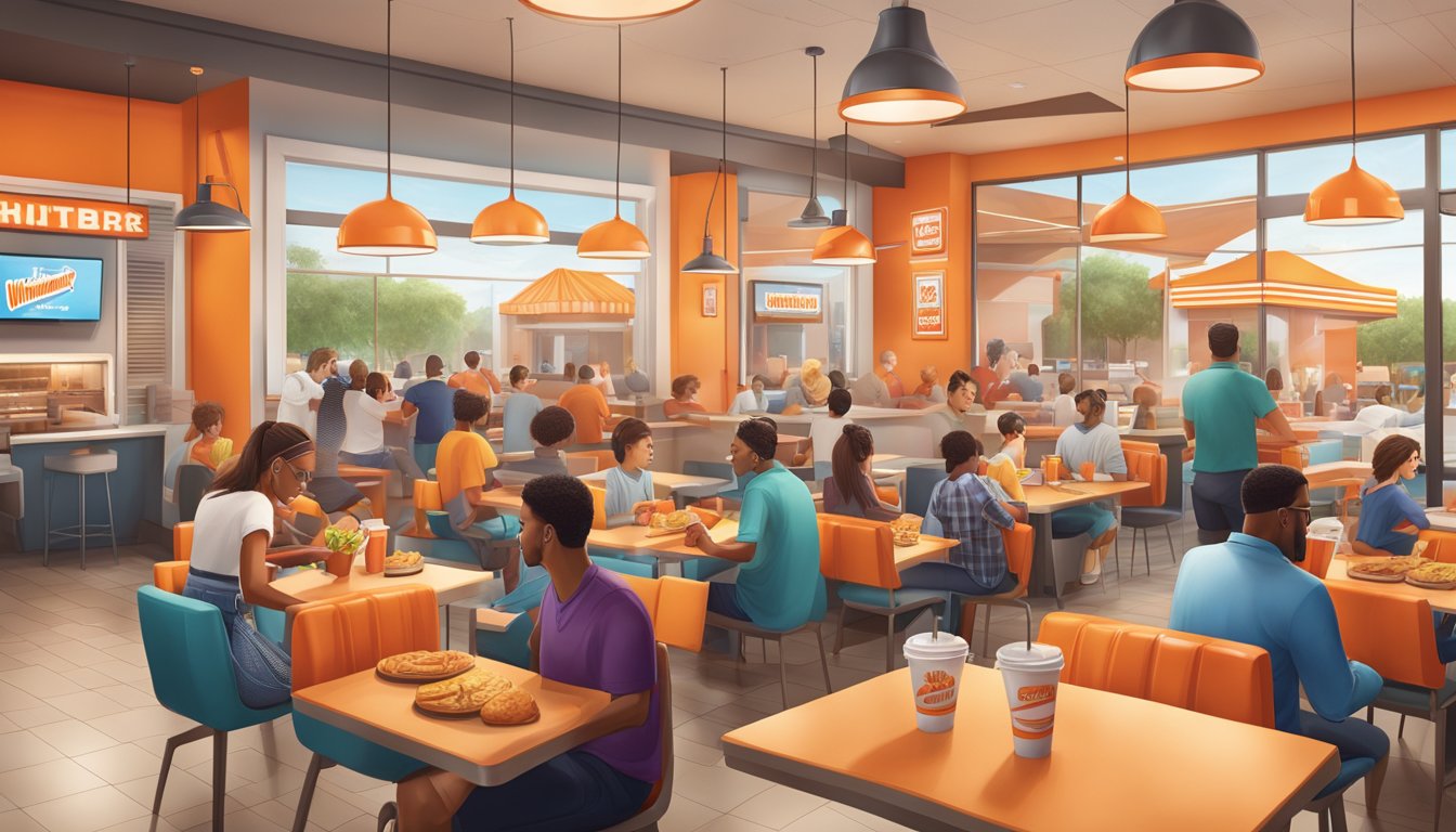 A bustling Whataburger restaurant with a modern, vibrant atmosphere, filled with young Texan customers enjoying their meals and engaging with the brand on social media