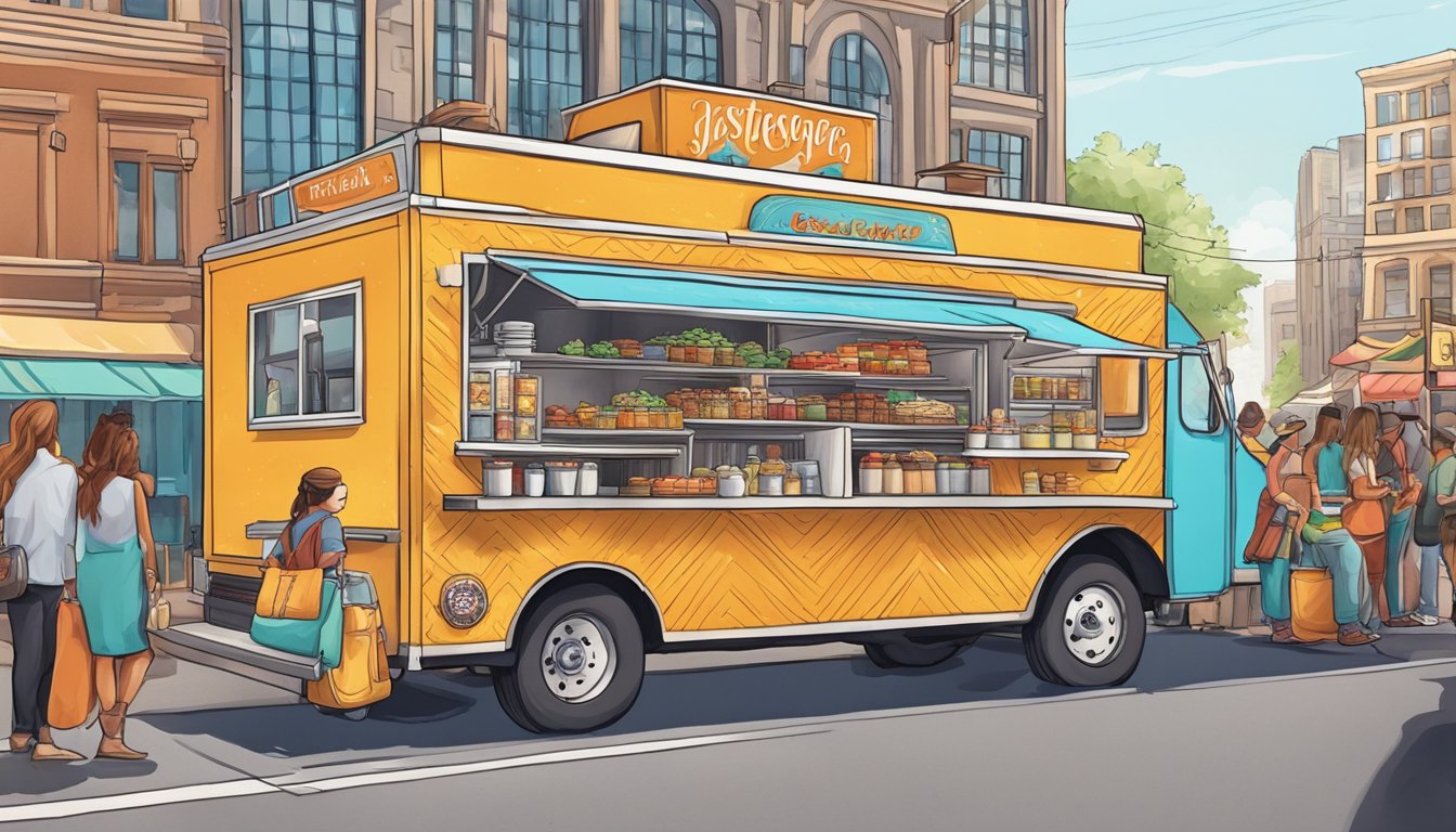 A vibrant food truck with a Texas-themed design, surrounded by a bustling street scene with customers lined up to order