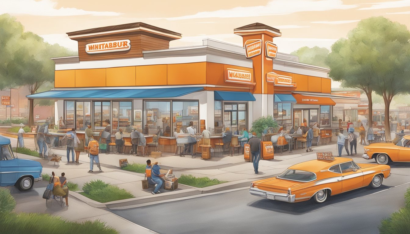 A bustling Whataburger restaurant surrounded by local businesses and homes, with a steady flow of customers coming and going