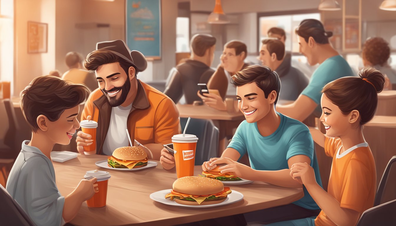 A modern Texan family enjoying Whataburger while scrolling through social media on their smartphones