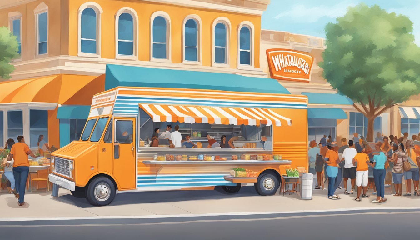 A colorful Whataburger food truck surrounded by a diverse crowd, serving up Texas-inspired dishes in a lively street setting