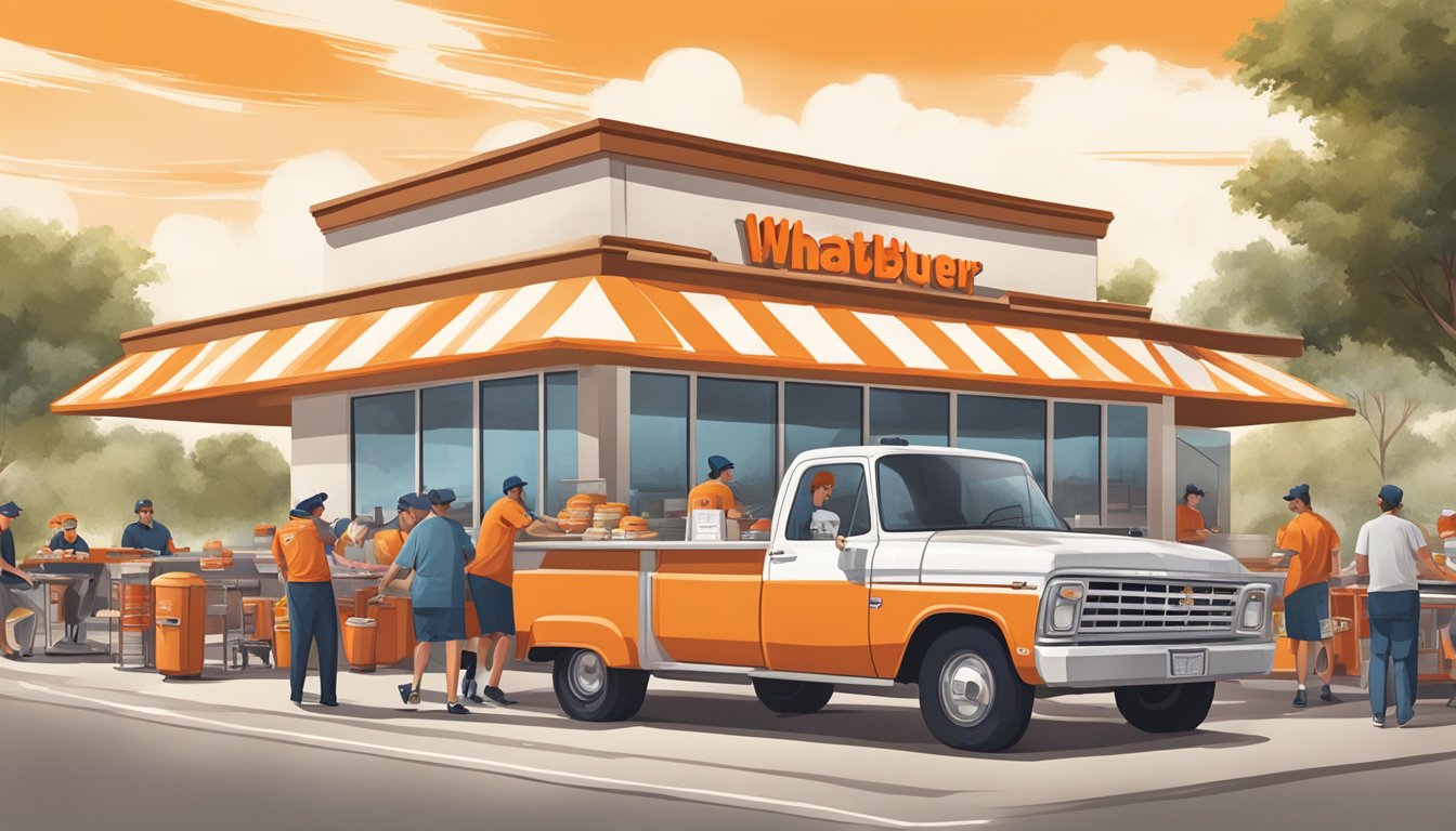 A bustling Whataburger restaurant with a drive-thru line, outdoor seating, and a busy kitchen staff preparing and serving iconic Texas fast food