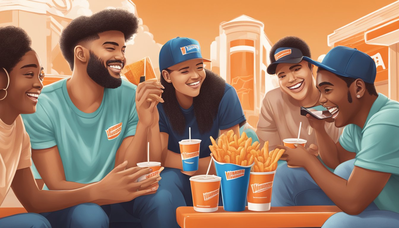 A group of young Texans interacting with Whataburger's social media posts, smiling and engaging with the brand online