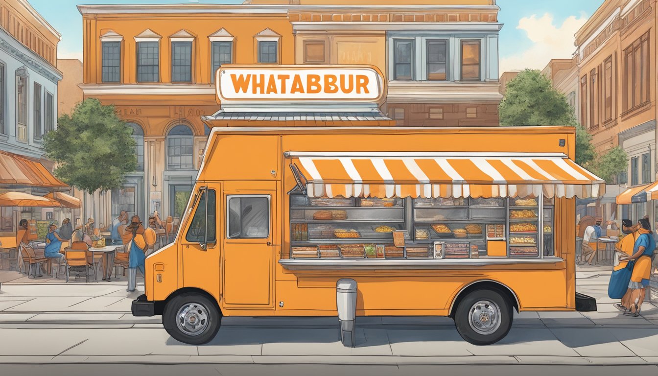 The Whataburger food truck surrounded by a bustling street scene, with a diverse array of Texas-inspired menu items on display