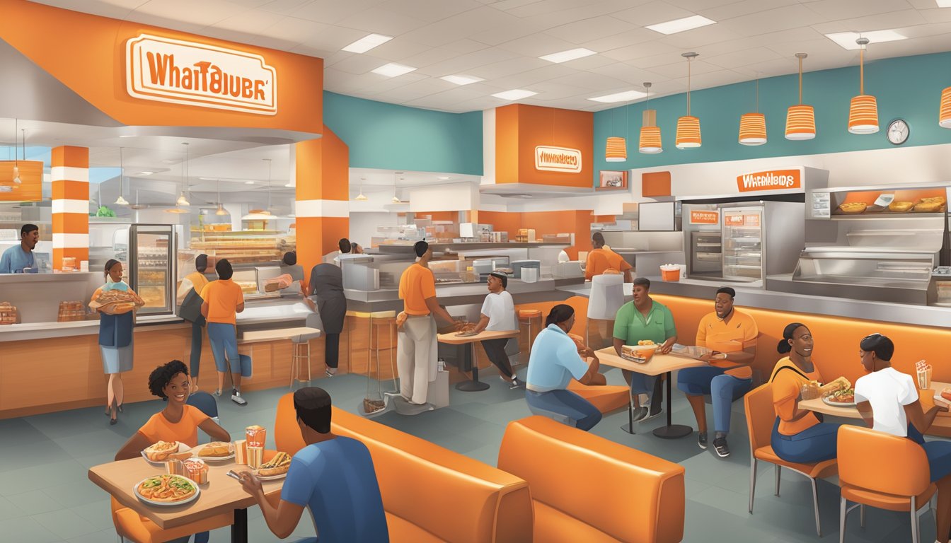 A bustling Whataburger restaurant surrounded by diverse local businesses, with satisfied customers enjoying high-quality food and service