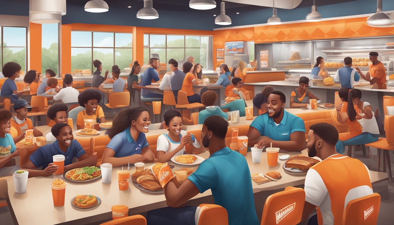 A busy Whataburger restaurant with a diverse group of young Texans enjoying their meals and engaging with the brand on social media