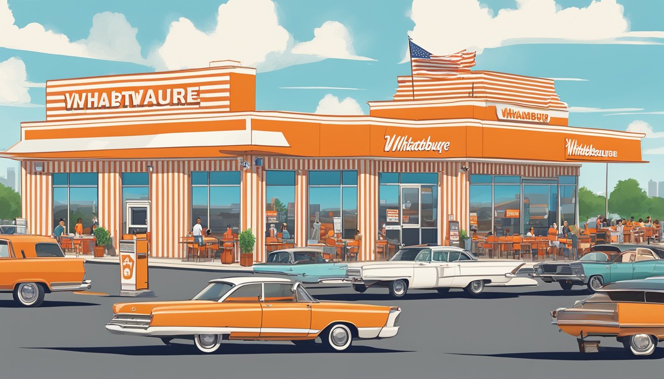 A bustling Whataburger restaurant with a line of cars at the drive-thru, a crowded dining area, and the iconic orange and white striped building standing out against the Texas skyline