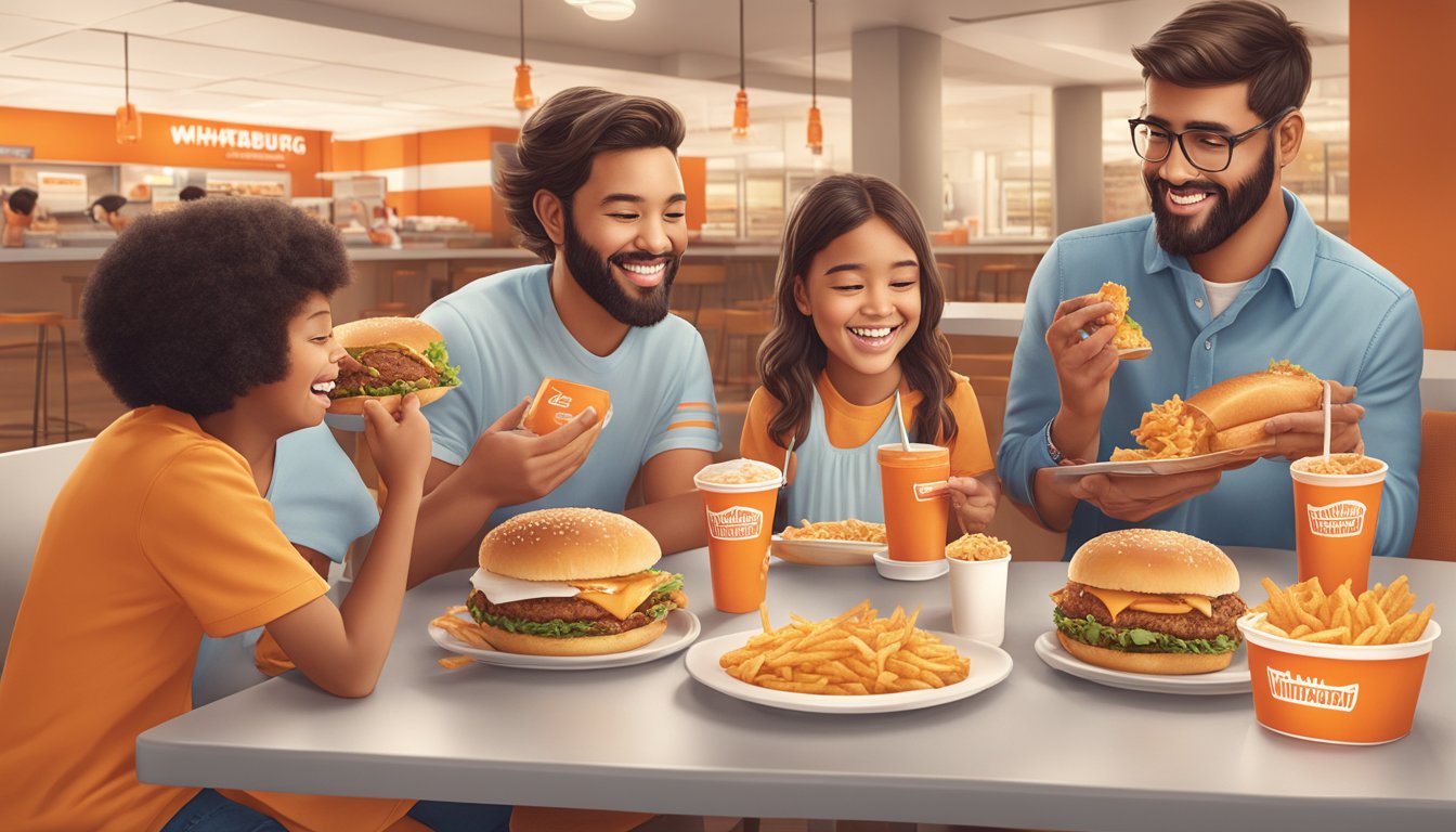 A modern Texan family enjoying Whataburger's new menu items while engaging with the brand on social media