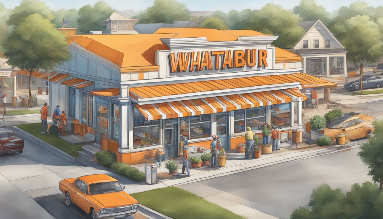 A bustling Whataburger restaurant surrounded by local businesses and residential areas in a Texas community