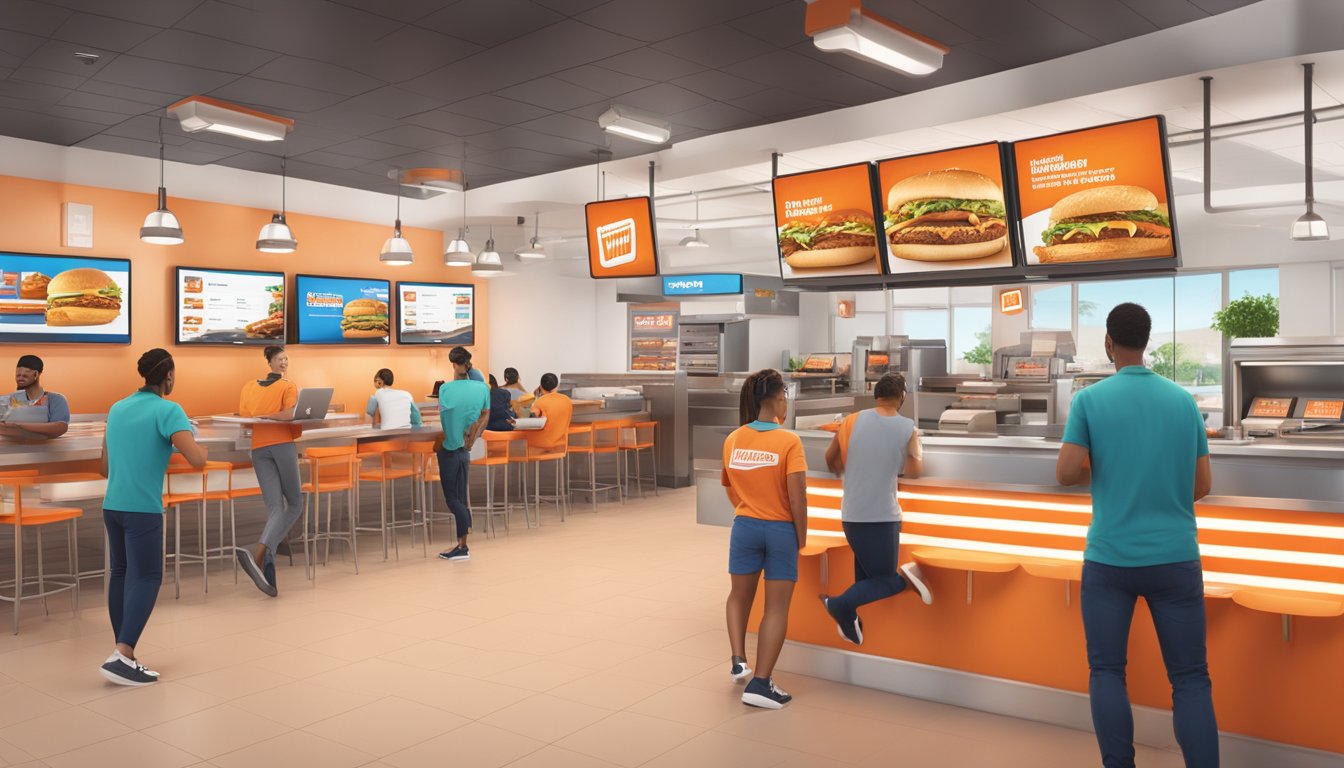 A modern Whataburger restaurant with digital screens displaying engaging social media content, while customers use mobile devices to interact with the brand online